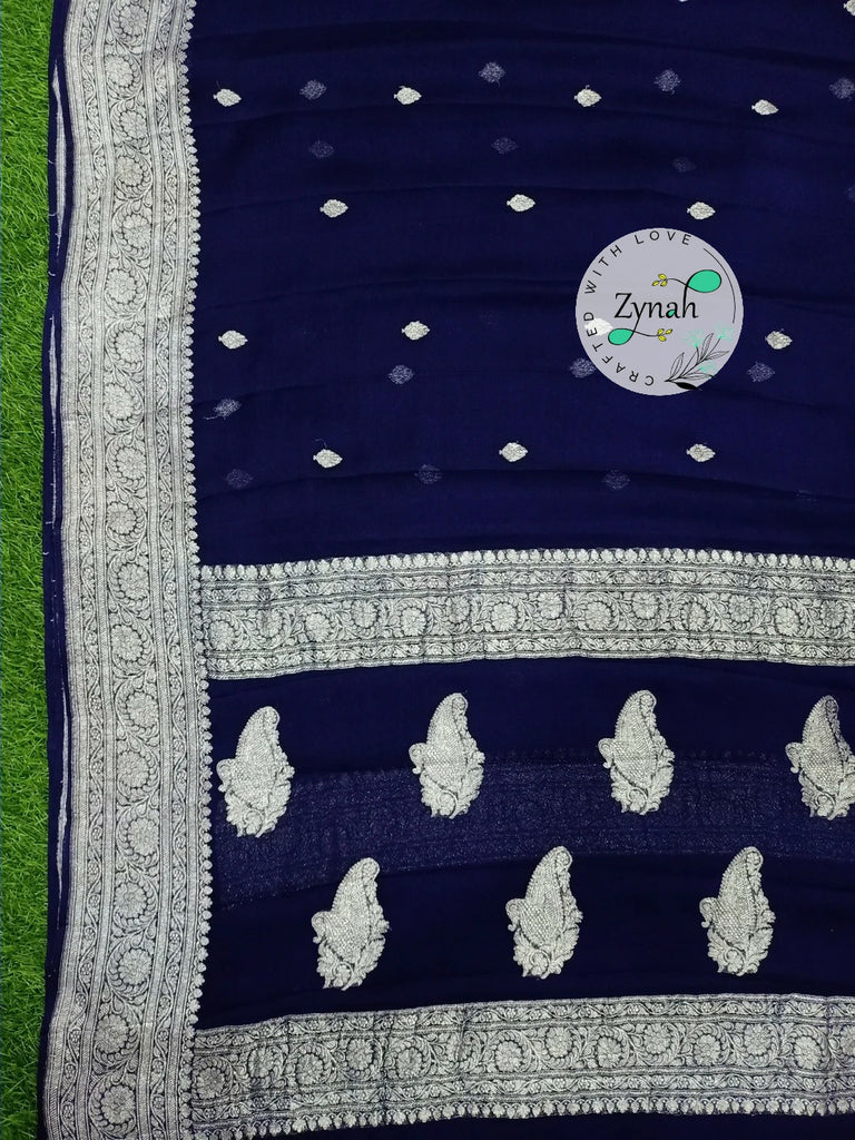 Zynah Pure Banarasi Handloom Khaddi Georgette Saree with Zari Border & Butis; Custom Stitched/Ready-made Blouse, Fall, Petticoat; Shipping available USA, Worldwide