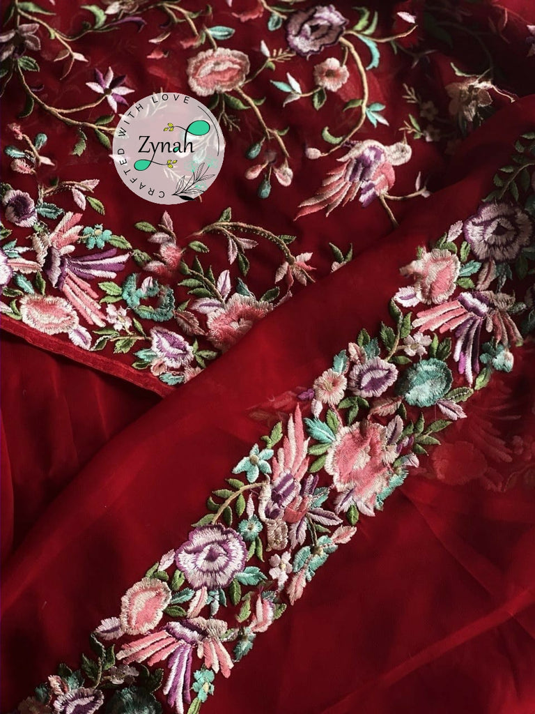 Zynah Pure Georgette Parsi Gara Inspired Embroidery Saree; Custom Stitched/Ready-made Blouse, Fall, Petticoat; Shipping available USA, Worldwide