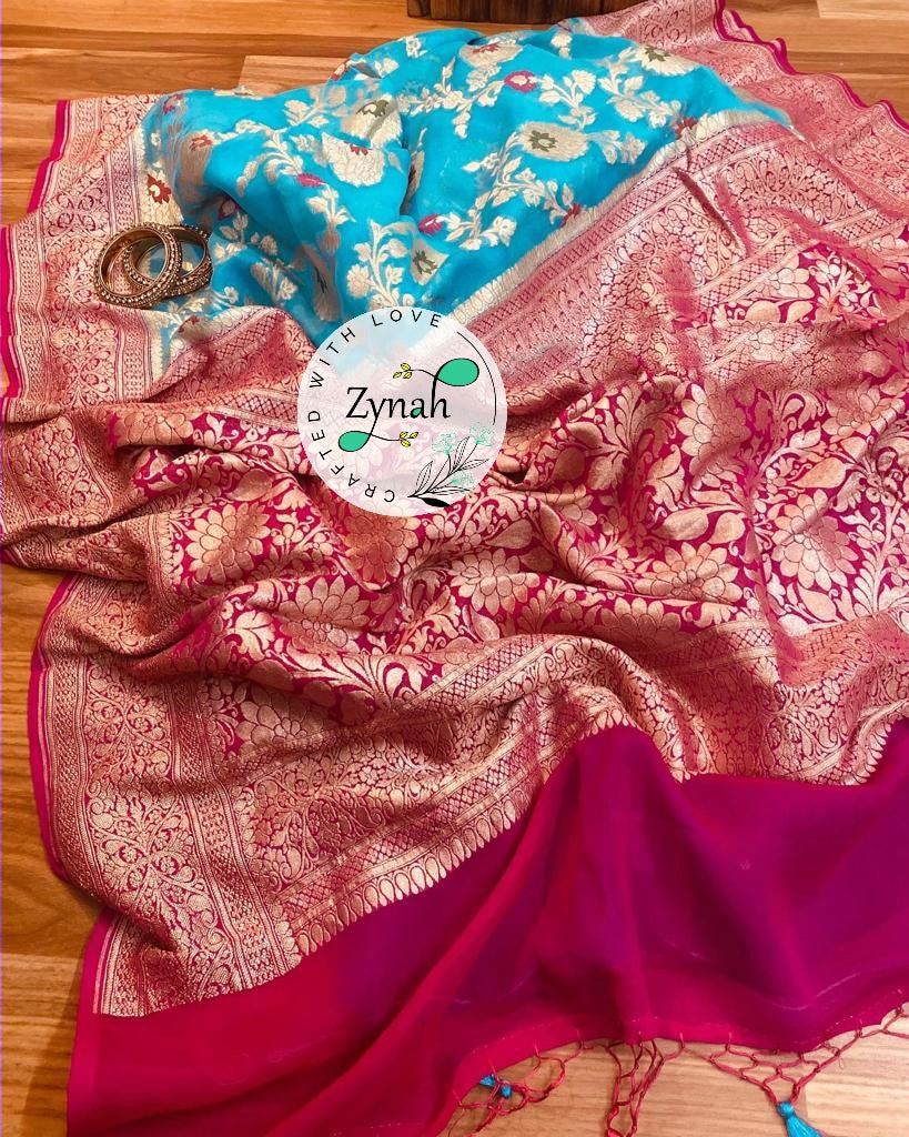 Zynah Blue Color Pure Khaddi Georgette Banarasi Saree with Golden Zari & Meenakari Weaved Motifs; Custom Stitched/Ready-made Blouse, Fall, Petticoat; Shipping available USA, Worldwide