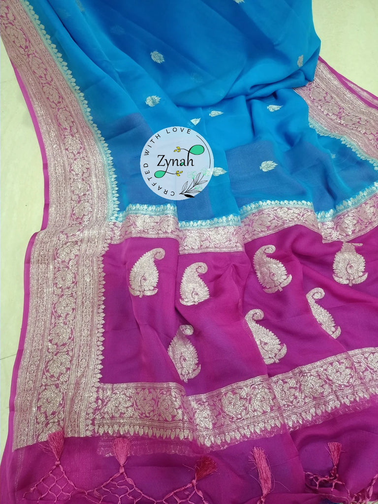 Zynah Pure Banarasi Handloom Khaddi Georgette Saree with Zari Weave; Custom Stitched/Ready-made Blouse, Fall, Petticoat; Shipping available USA, Worldwide