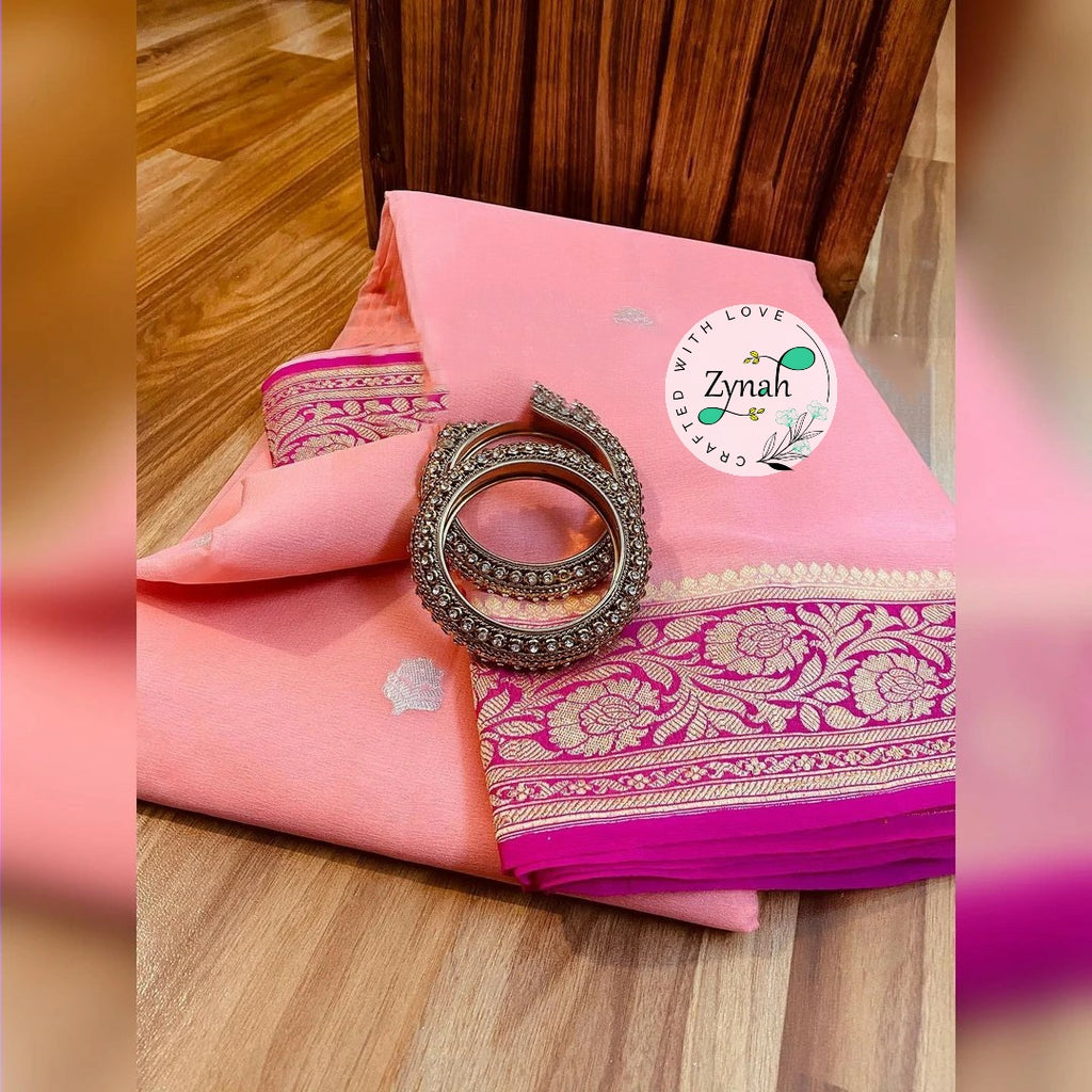 Zynah Pure Banarasi Handloom Khaddi Georgette Saree with Zari Weave; Custom Stitched/Ready-made Blouse, Fall, Petticoat; Shipping available USA, Worldwide