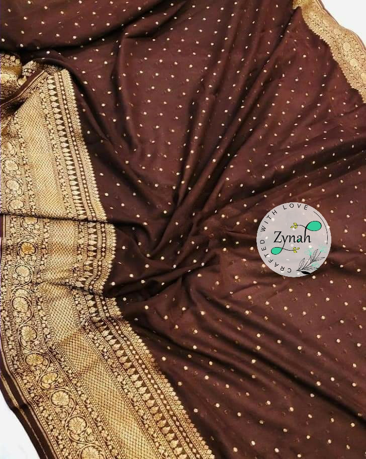 Zynah Pure Khaddi Georgette Saree with Golden Zari Weave; Custom Stitched/Ready-made Blouse, Fall, Petticoat; Shipping available USA, Worldwide