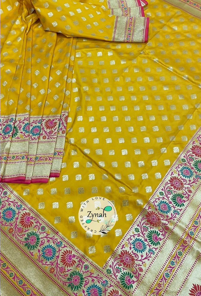 Zynah Pure Banarasi Soft Silk Meenakari Saree; Custom Stitched/Ready-made Blouse, Fall, Petticoat; Shipping available USA, Worldwide