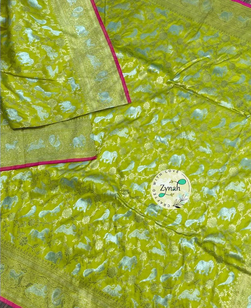 Zynah Pure Banarasi Soft Silk Saree with Shikargah Design; Custom Stitched/Ready-made Blouse, Fall, Petticoat; Shipping available USA, Worldwide