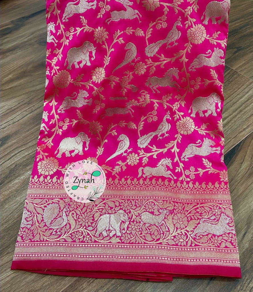 Zynah Pure Banarasi Soft Silk Saree with Shikargah Design; Custom Stitched/Ready-made Blouse, Fall, Petticoat; Shipping available USA, Worldwide