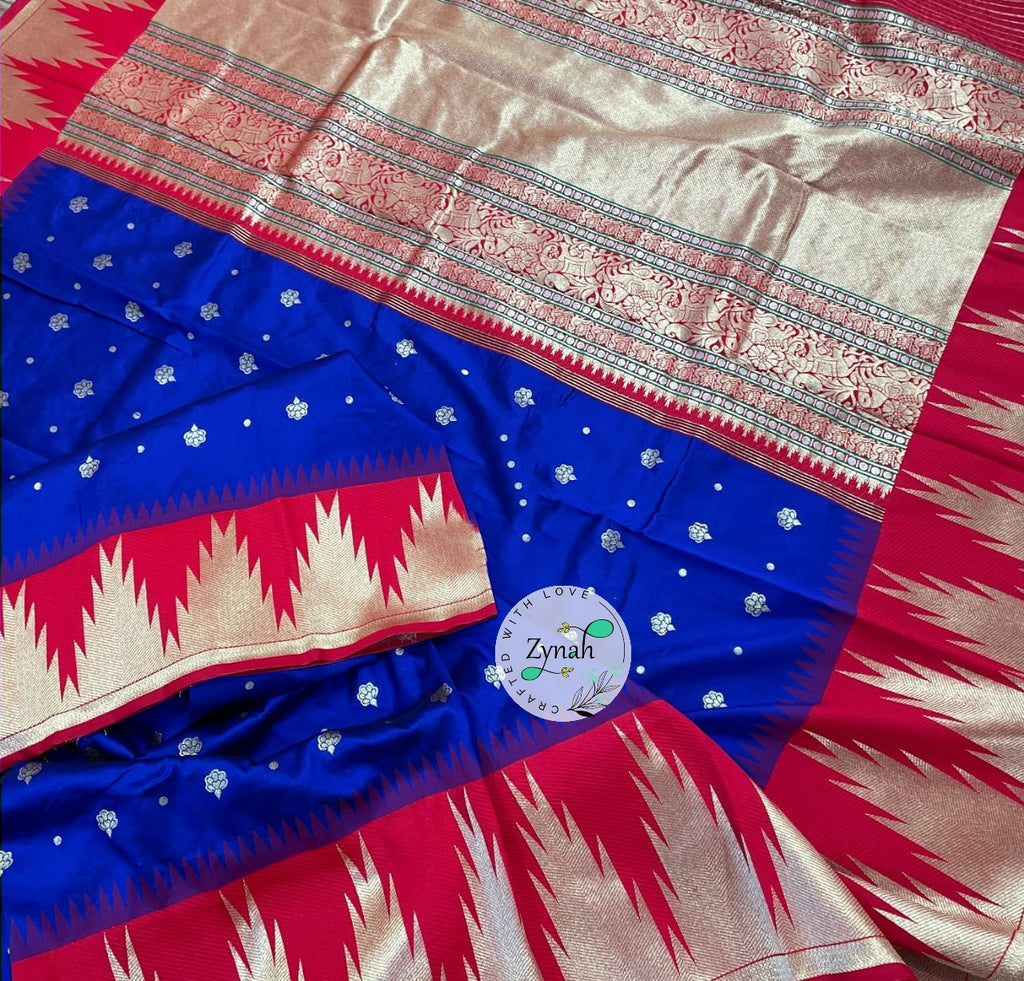 Zynah Pure Banarasi Soft Silk Saree with Temple Design Border; Custom Stitched/Ready-made Blouse, Fall, Petticoat; Shipping available USA, Worldwide