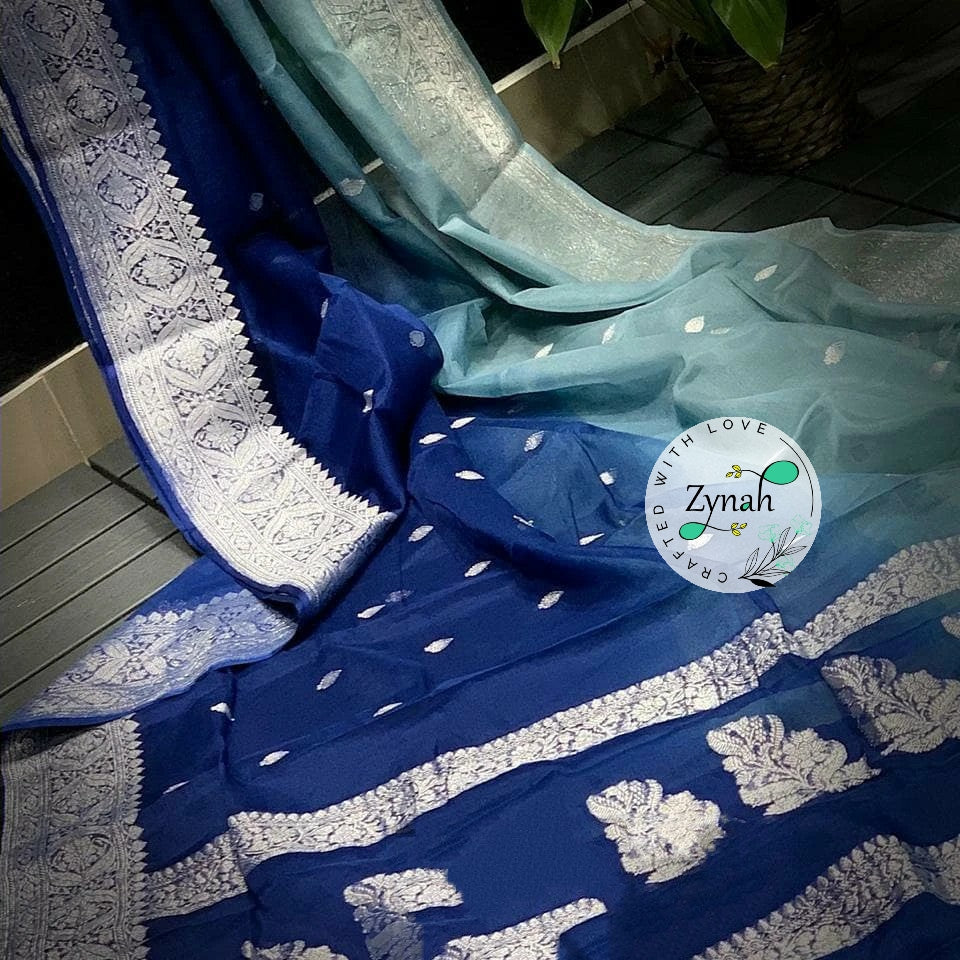 Zynah Pure Banarasi Handloom Khaddi Georgette Double-shaded Saree with Zari Weave; Custom Stitched/Ready-made Blouse, Fall, Petticoat; Shipping available USA, Worldwide