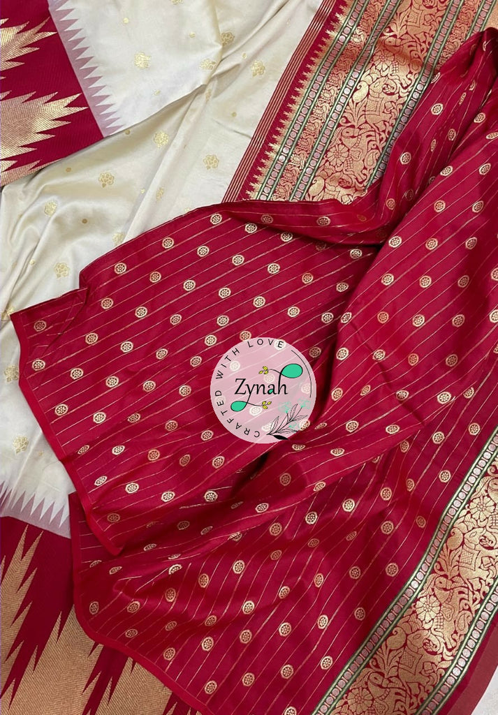 Zynah Pure Banarasi Soft Silk Saree with Temple Design Border; Custom Stitched/Ready-made Blouse, Fall, Petticoat; Shipping available USA, Worldwide