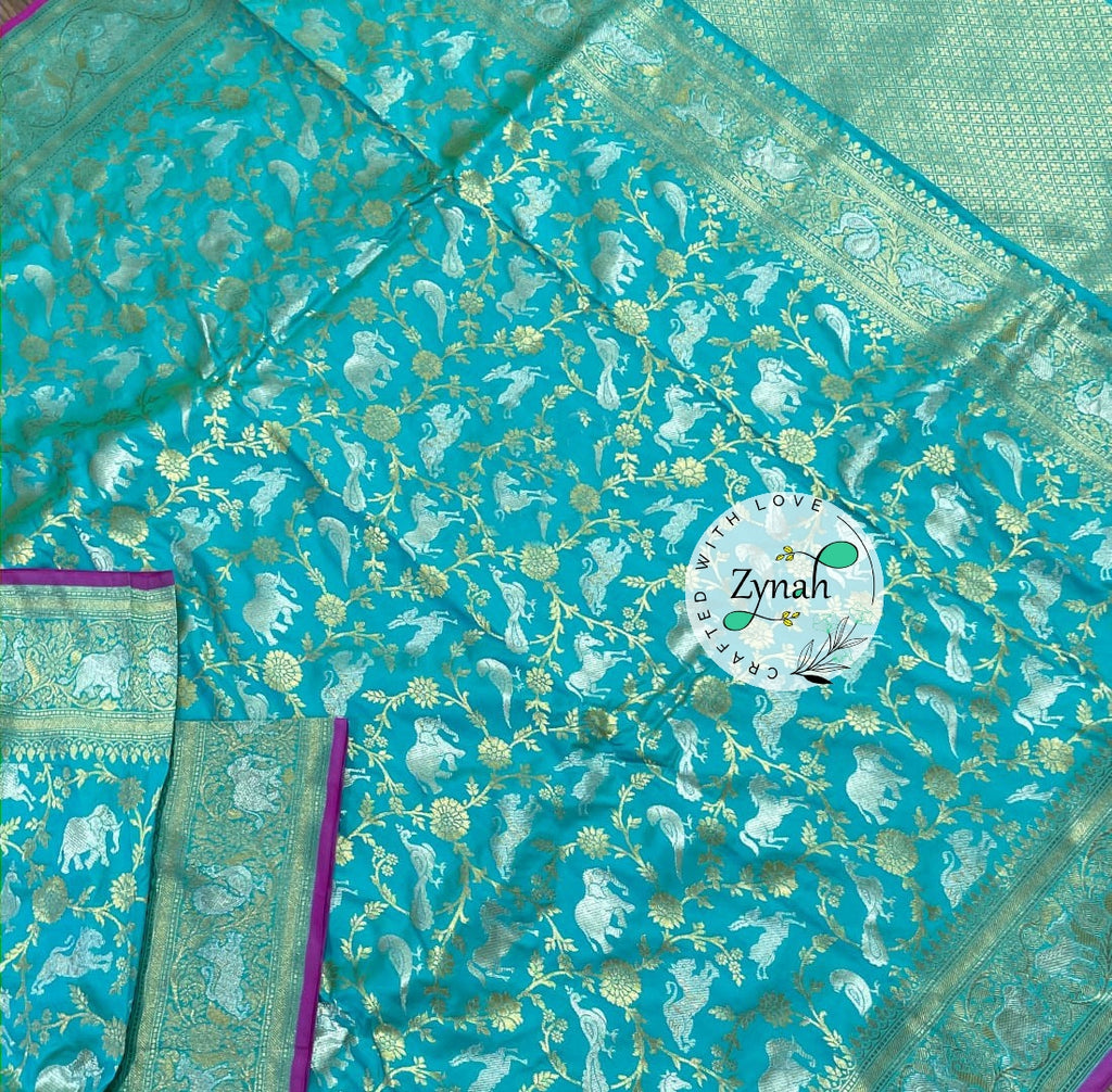 Zynah Pure Banarasi Soft Silk Saree with Shikargah Design; Custom Stitched/Ready-made Blouse, Fall, Petticoat; Shipping available USA, Worldwide