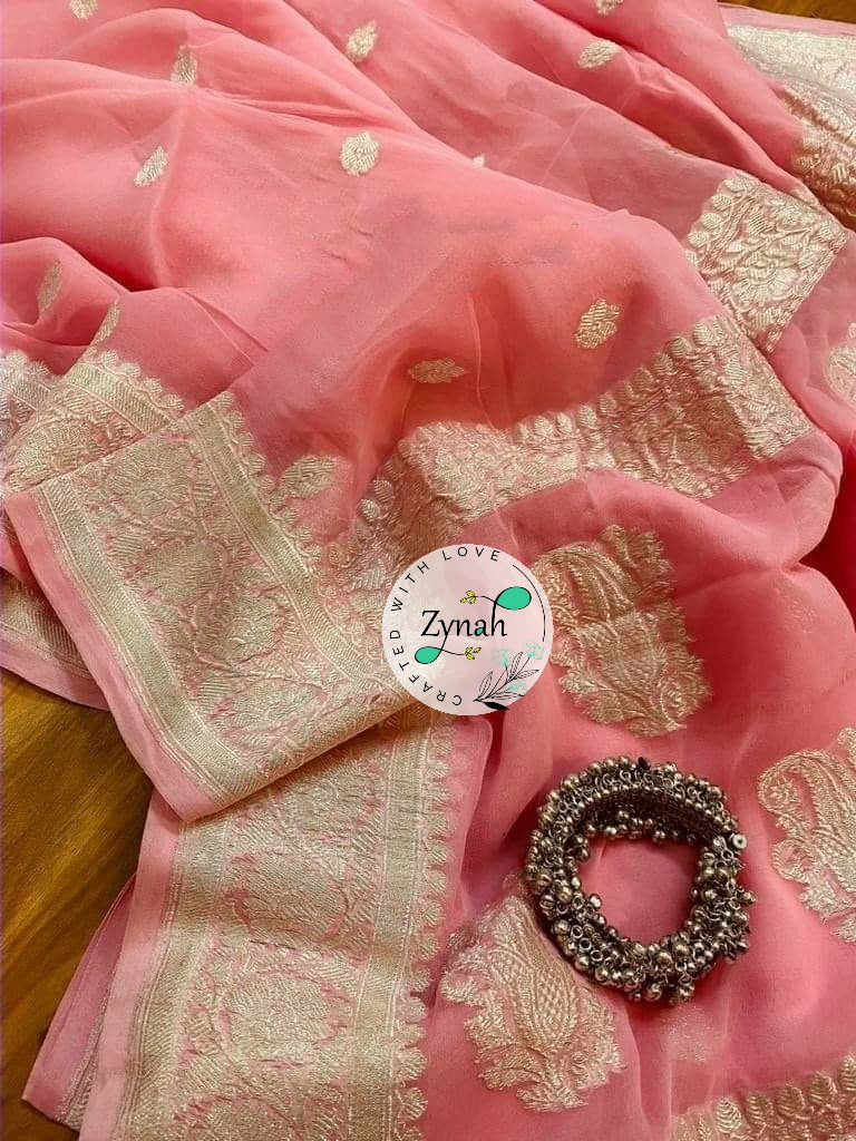 Zynah Pure Banarasi Handloom Khaddi Georgette Saree with Zari Border & Butis; Custom Stitched/Ready-made Blouse, Fall, Petticoat; Shipping available USA, Worldwide