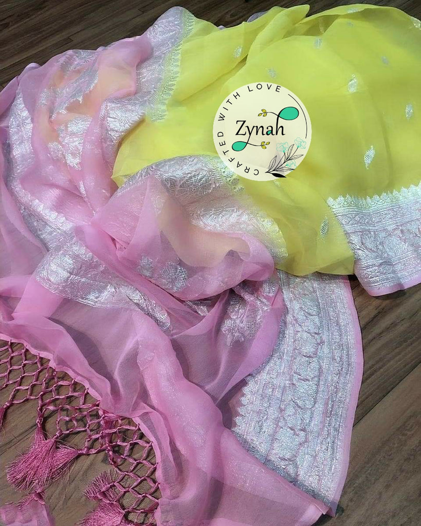 Zynah Pure Banarasi Handloom Khaddi Georgette Saree with Zari Weave; Custom Stitched/Ready-made Blouse, Fall, Petticoat; Shipping available USA, Worldwide