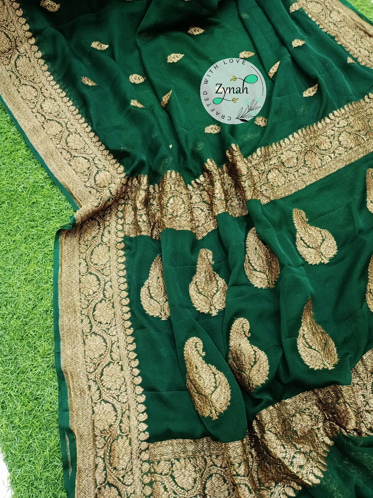 Zynah Pure Banarasi Handloom Khaddi Georgette Saree with Zari Border & Butis; Custom Stitched/Ready-made Blouse, Fall, Petticoat; Shipping available USA, Worldwide