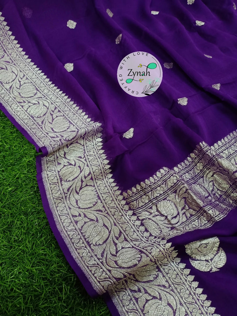Zynah Pure Banarasi Handloom Khaddi Georgette Saree with Zari Border & Butis; Custom Stitched/Ready-made Blouse, Fall, Petticoat; Shipping available USA, Worldwide