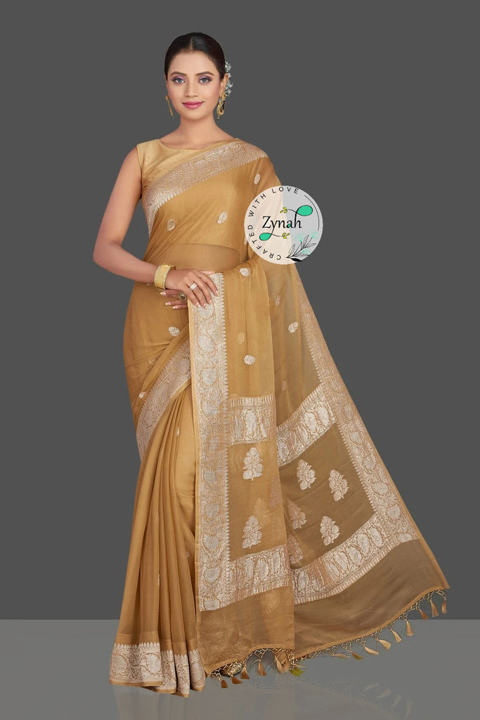 Zynah Pure Banarasi Handloom Khaddi Georgette Saree with Zari Border & Butis; Custom Stitched/Ready-made Blouse, Fall, Petticoat; Shipping available USA, Worldwide