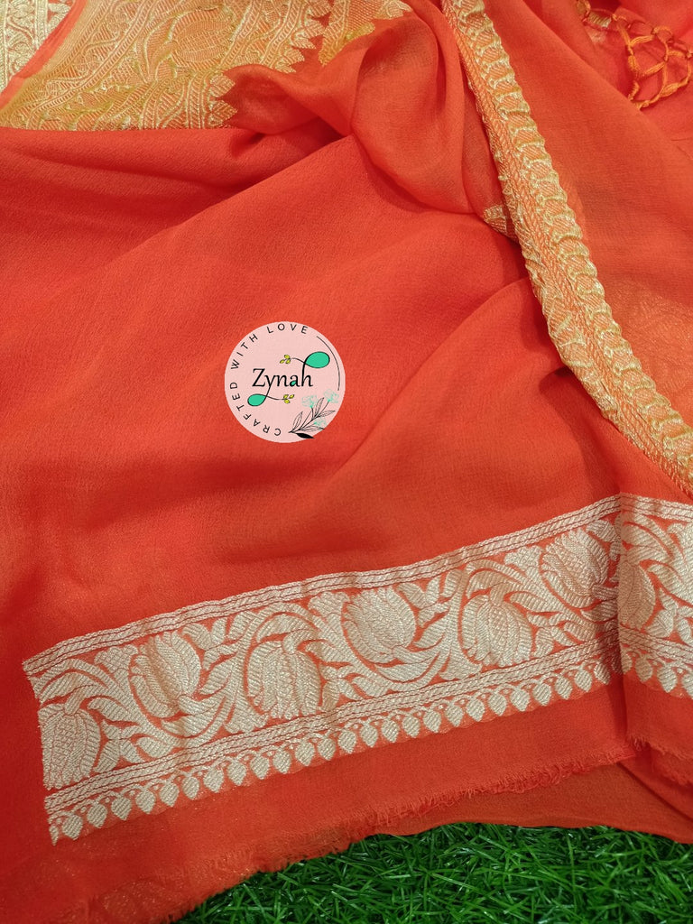 Zynah Pure Banarasi Handloom Khaddi Georgette Saree with Zari Border & Butis; Custom Stitched/Ready-made Blouse, Fall, Petticoat; Shipping available USA, Worldwide