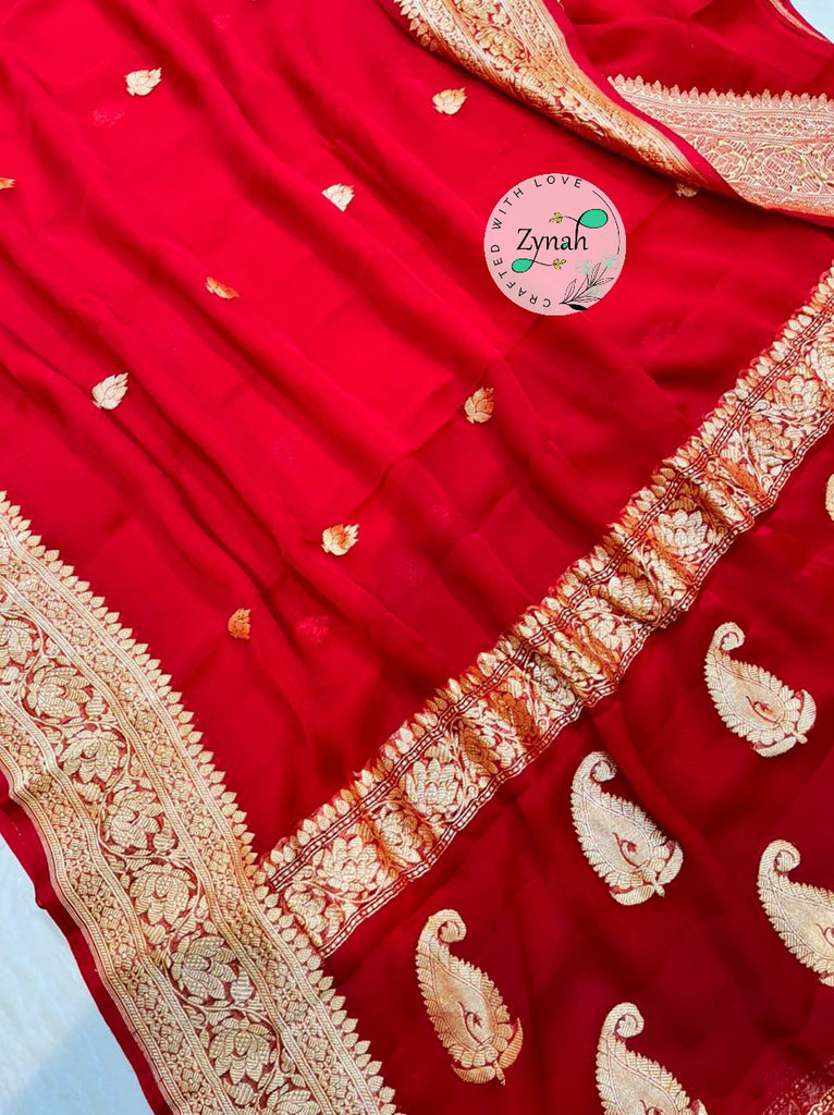 Zynah Pure Banarasi Handloom Khaddi Georgette Saree with Zari Border & Butis; Custom Stitched/Ready-made Blouse, Fall, Petticoat; Shipping available USA, Worldwide