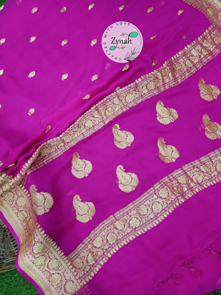 Zynah Pure Banarasi Handloom Khaddi Georgette Saree with Zari Border & Butis; Custom Stitched/Ready-made Blouse, Fall, Petticoat; Shipping available USA, Worldwide