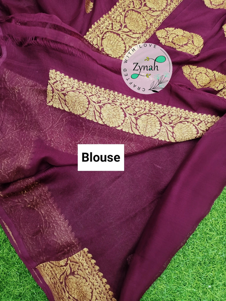 Zynah Pure Banarasi Handloom Khaddi Georgette Saree with Zari Border & Butis; Custom Stitched/Ready-made Blouse, Fall, Petticoat; Shipping available USA, Worldwide