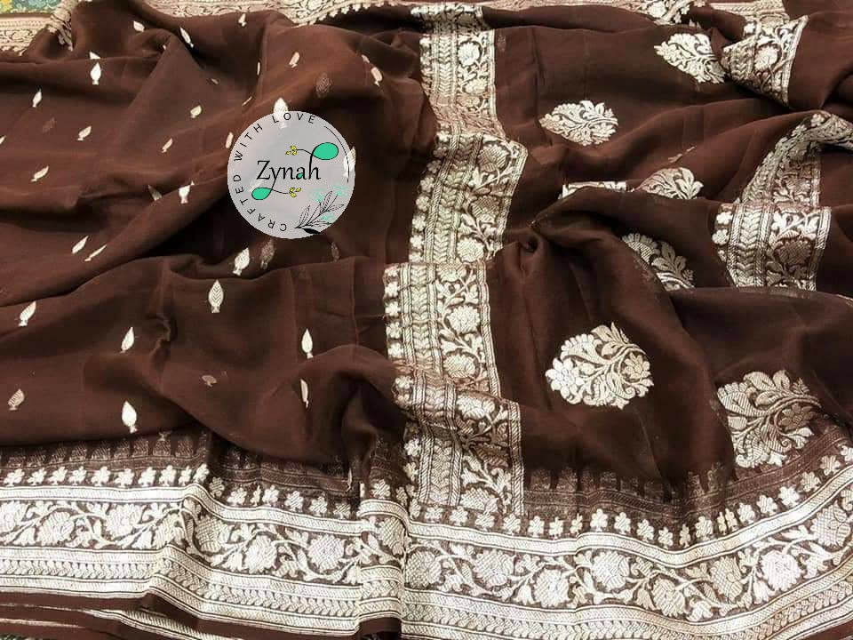 Zynah Pure Banarasi Handloom Khaddi Georgette Saree with Golden Zari Border & Butis; Custom Stitched/Ready-made Blouse, Fall, Petticoat; Shipping available USA, Worldwide