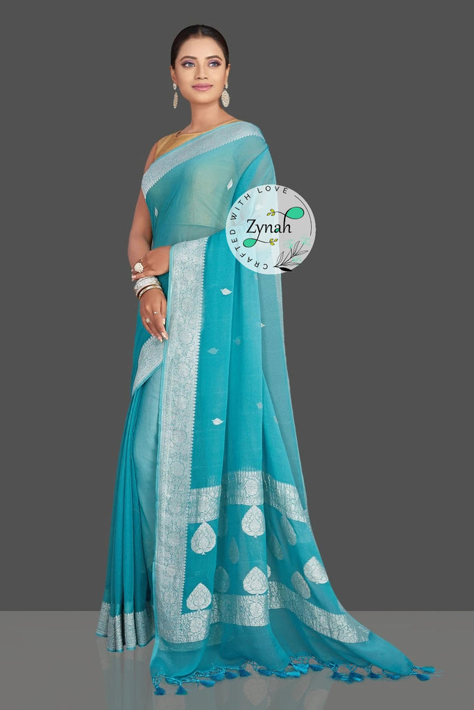 Zynah Pure Banarasi Handloom Khaddi Georgette Saree with Zari Border & Butis; Custom Stitched/Ready-made Blouse, Fall, Petticoat; Shipping available USA, Worldwide