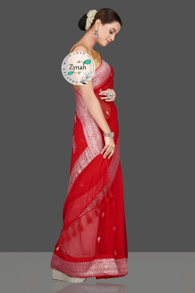 Zynah Pure Banarasi Handloom Khaddi Georgette Saree with Zari Border & Butis; Custom Stitched/Ready-made Blouse, Fall, Petticoat; Shipping available USA, Worldwide