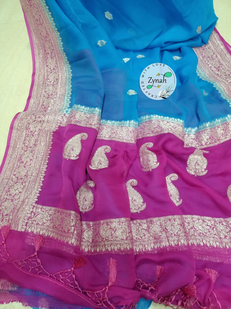 Zynah Pure Banarasi Handloom Khaddi Georgette Saree with Zari Weave; Custom Stitched/Ready-made Blouse, Fall, Petticoat; Shipping available USA, Worldwide