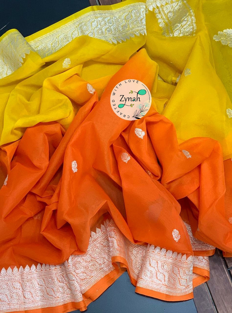 Zynah Pure Banarasi Handloom Khaddi Georgette Double-shaded Saree with Zari Weave; Custom Stitched/Ready-made Blouse, Fall, Petticoat; Shipping available USA, Worldwide