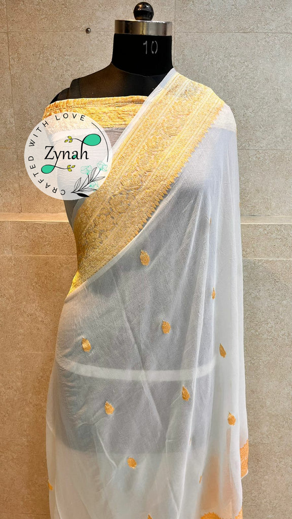 Zynah Pure Banarasi Handloom Khaddi Georgette Saree with Golden Zari Border & Butis; Custom Stitched/Ready-made Blouse, Fall, Petticoat; Shipping available USA, Worldwide
