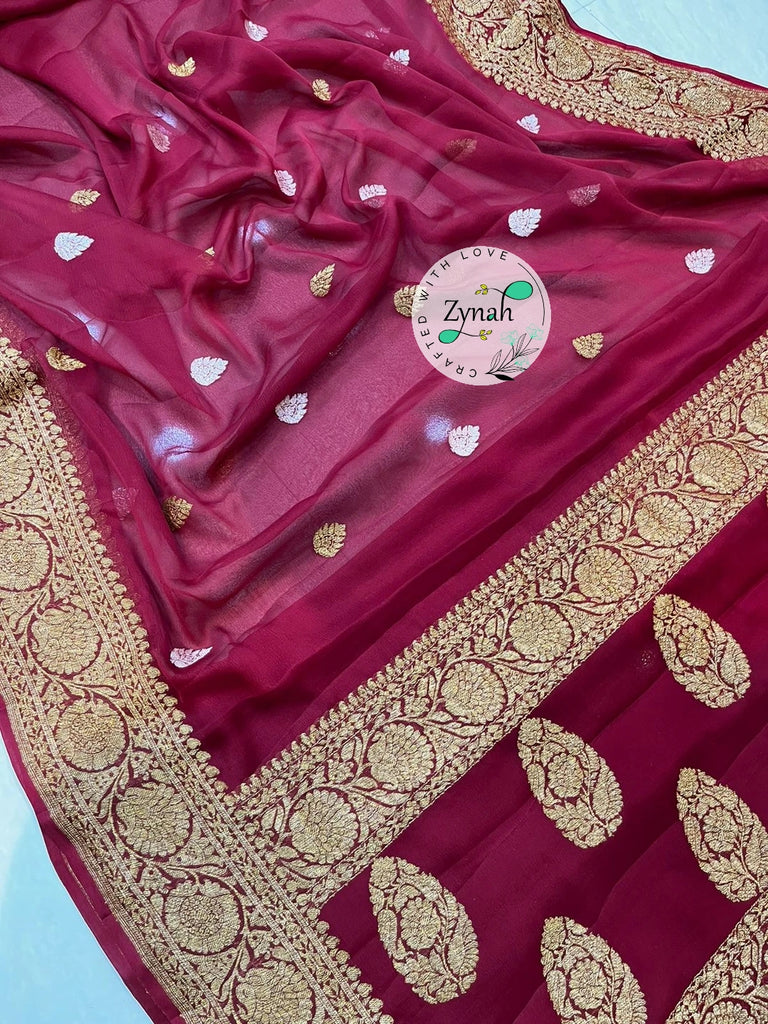 Zynah Pure Banarasi Handloom Khaddi Georgette Saree with Zari Border & Butis; Custom Stitched/Ready-made Blouse, Fall, Petticoat; Shipping available USA, Worldwide