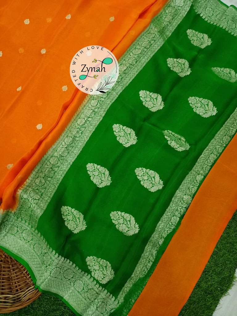 Zynah Pure Banarasi Handloom Khaddi Georgette Saree with Zari Weave; Custom Stitched/Ready-made Blouse, Fall, Petticoat; Shipping available USA, Worldwide