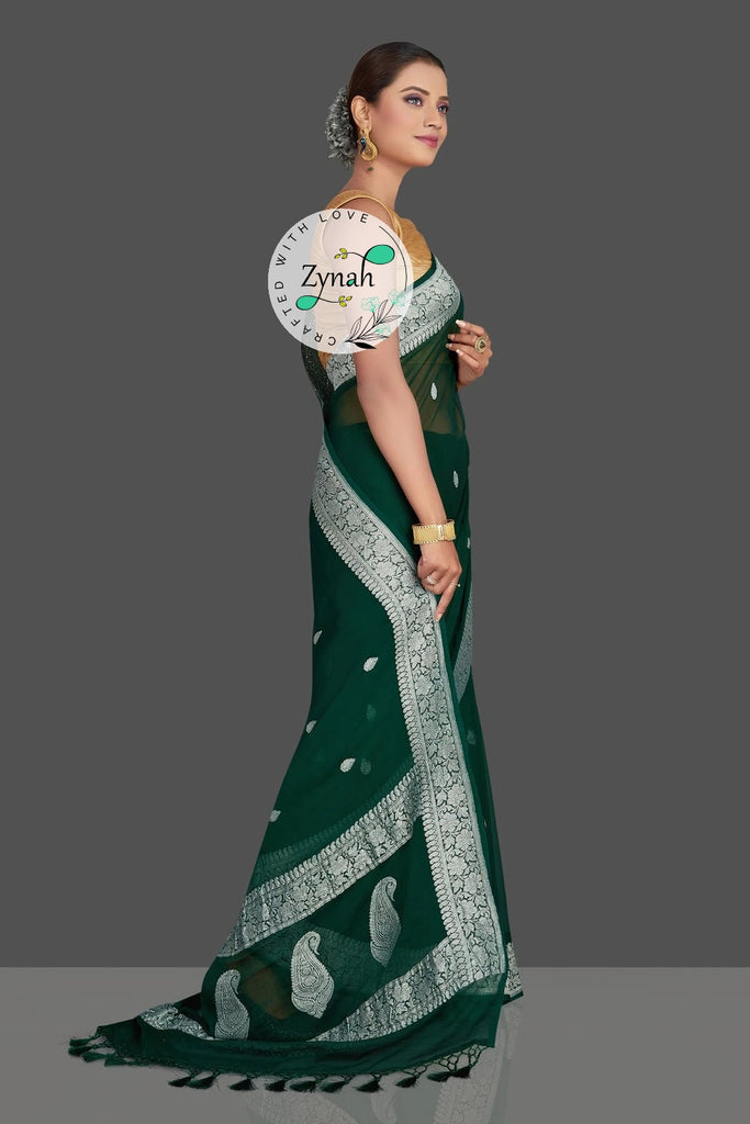 Zynah Pure Banarasi Handloom Khaddi Georgette Saree with Zari Border & Butis; Custom Stitched/Ready-made Blouse, Fall, Petticoat; Shipping available USA, Worldwide