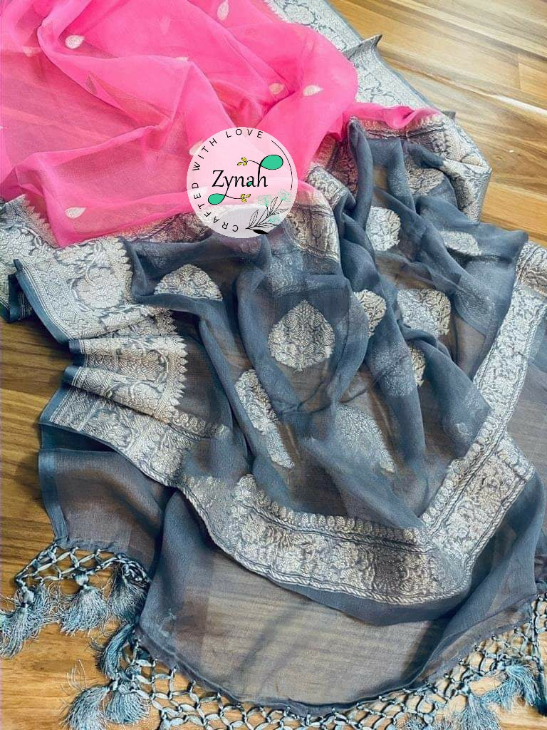 Zynah Pure Banarasi Handloom Khaddi Georgette Saree with Zari Weave; Custom Stitched/Ready-made Blouse, Fall, Petticoat; Shipping available USA, Worldwide