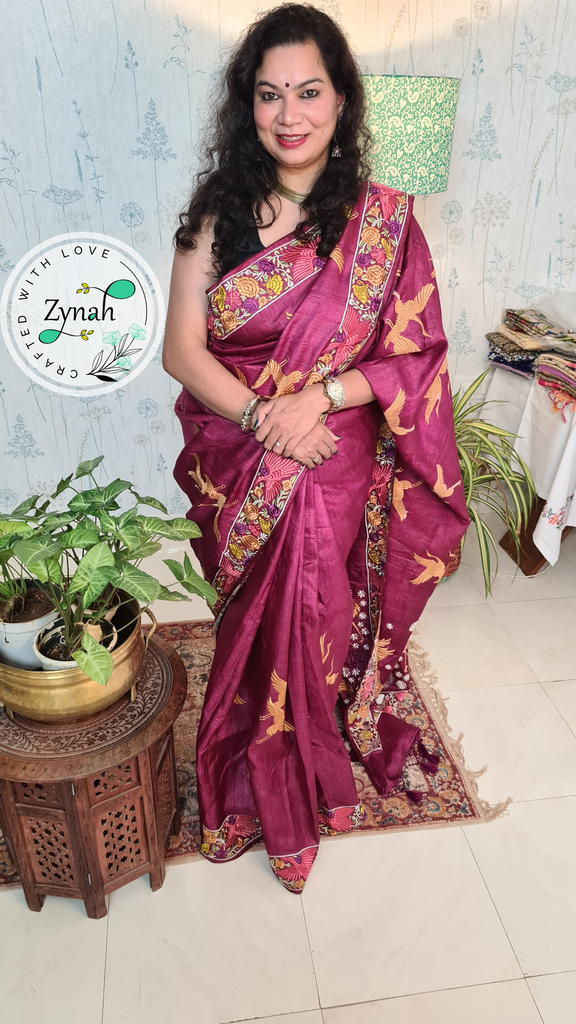 Zynah Wine Color Pure Tussar Silk Parsi work wine color Inspired Saree, Flamingo Bird Motifs; Custom Stitched/Ready-made Blouse, Fall, Petticoat; Shipping available USA, Worldwide