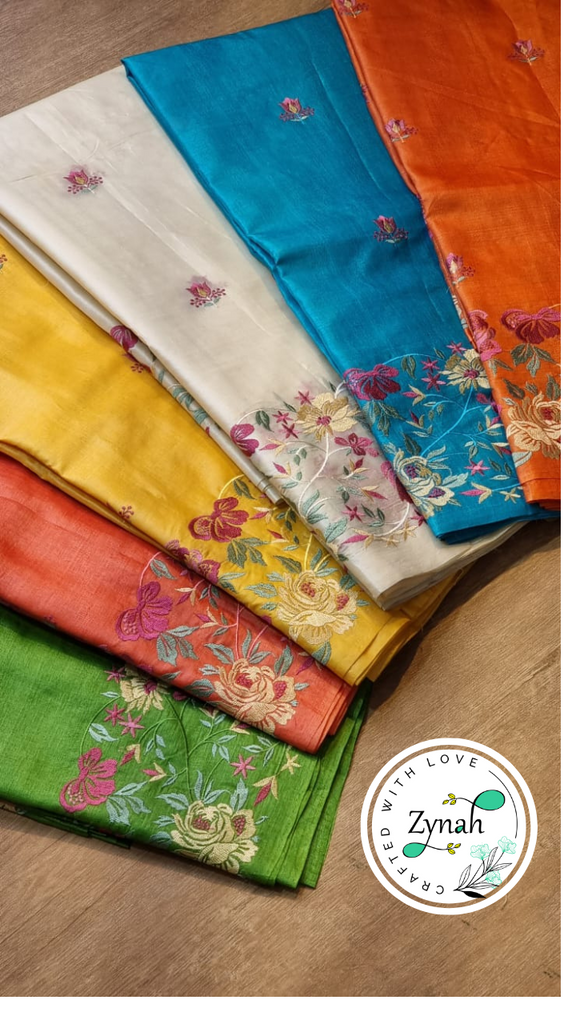 Zynah Off-White Color Pure Tussar Silk Embroidered Saree with Vibrant Tassels; Custom Stitched/Ready-made Blouse, Fall, Petticoat; Shipping available USA, Worldwide