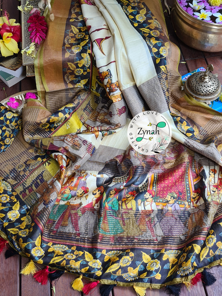 Zynah Pure Tussar Silk Saree with Digital Kalamkari Prints; Custom Stitched/Ready-made Blouse, Fall, Petticoat; Shipping available USA, Worldwide