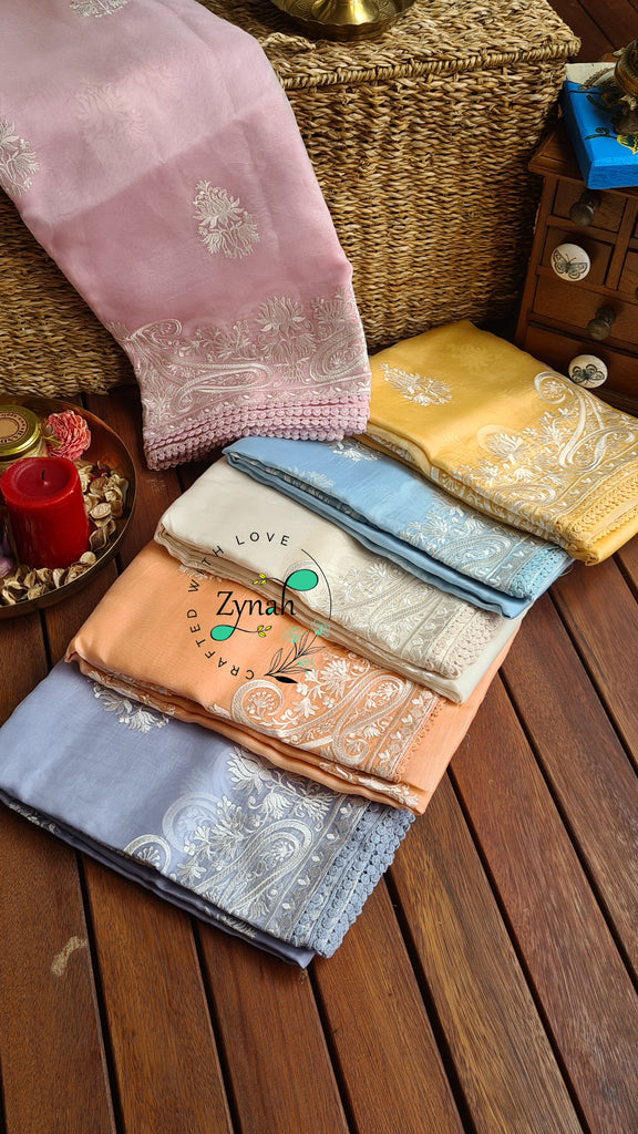 Zynah Pure Organza Silk Saree with Thread Embroidery & Crochet lace Border; Custom Stitched/Ready-made Blouse, Fall, Petticoat; Shipping available USA, Worldwide
