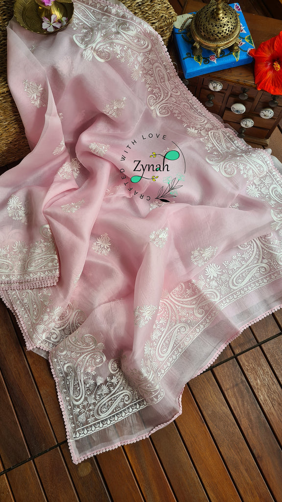 Zynah Pure Organza Silk Saree with Thread Embroidery & Crochet lace Border; Custom Stitched/Ready-made Blouse, Fall, Petticoat; Shipping available USA, Worldwide