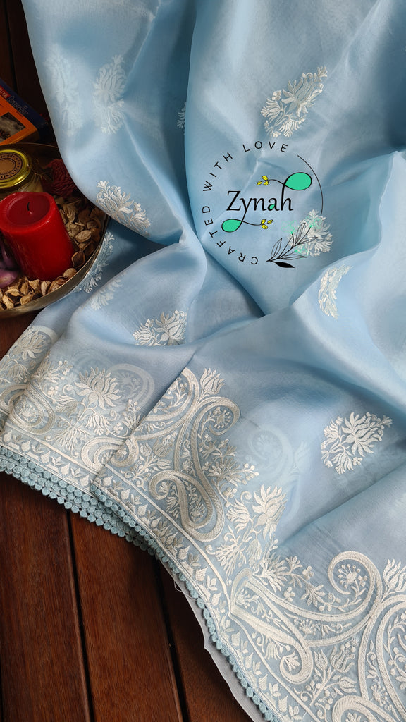 Zynah Pure Organza Silk Saree with Thread Embroidery & Crochet lace Border; Custom Stitched/Ready-made Blouse, Fall, Petticoat; Shipping available USA, Worldwide