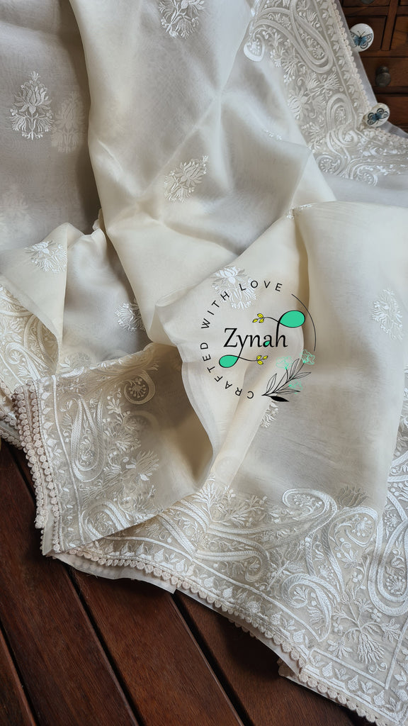 Zynah Pure Organza Silk Saree with Thread Embroidery & Crochet lace Border; Custom Stitched/Ready-made Blouse, Fall, Petticoat; Shipping available USA, Worldwide