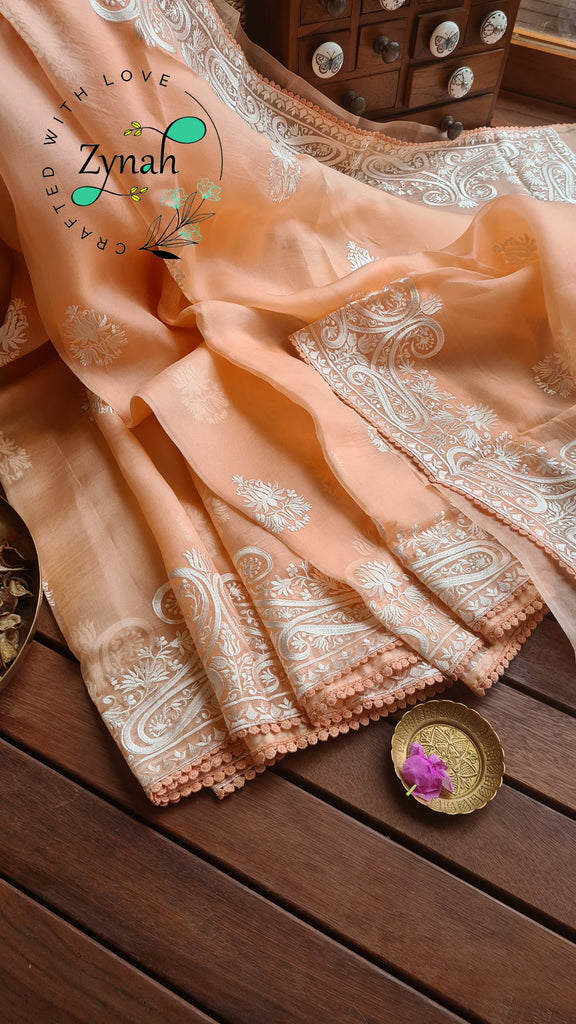 Zynah Pure Organza Silk Saree with Thread Embroidery & Crochet lace Border; Custom Stitched/Ready-made Blouse, Fall, Petticoat; Shipping available USA, Worldwide