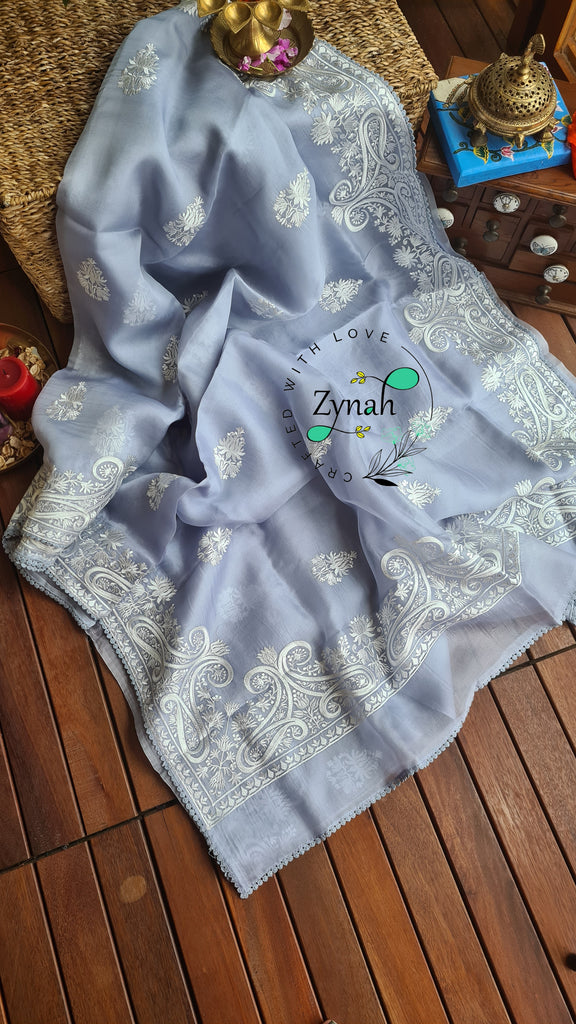 Zynah Pure Organza Silk Saree with Thread Embroidery & Crochet lace Border; Custom Stitched/Ready-made Blouse, Fall, Petticoat; Shipping available USA, Worldwide