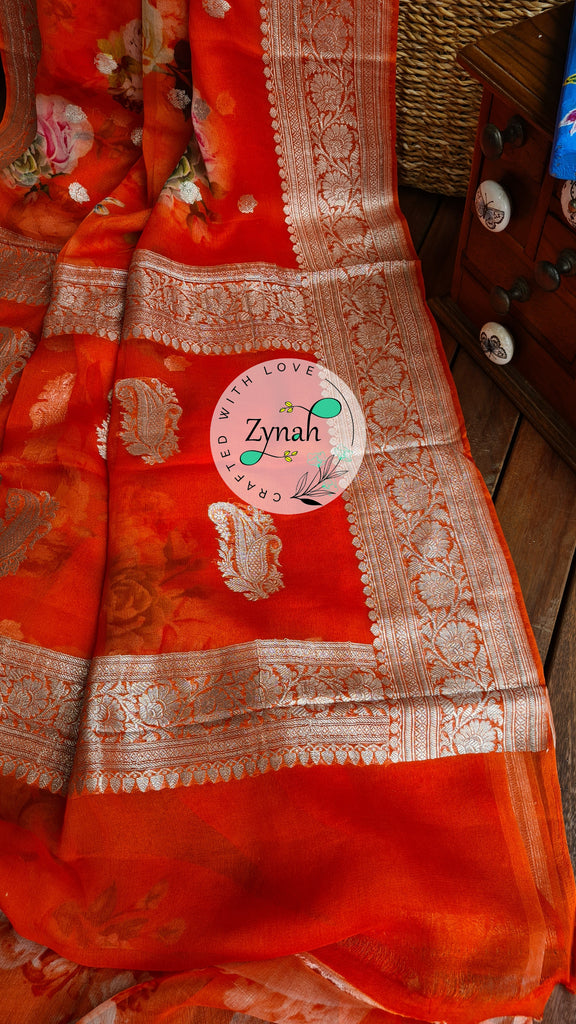 Zynah Pure Khaddi Chiffon Saree with Floral Prints & Silver Zari Weave; Custom Stitched/Ready-made Blouse, Fall, Petticoat; Shipping available USA, Worldwide