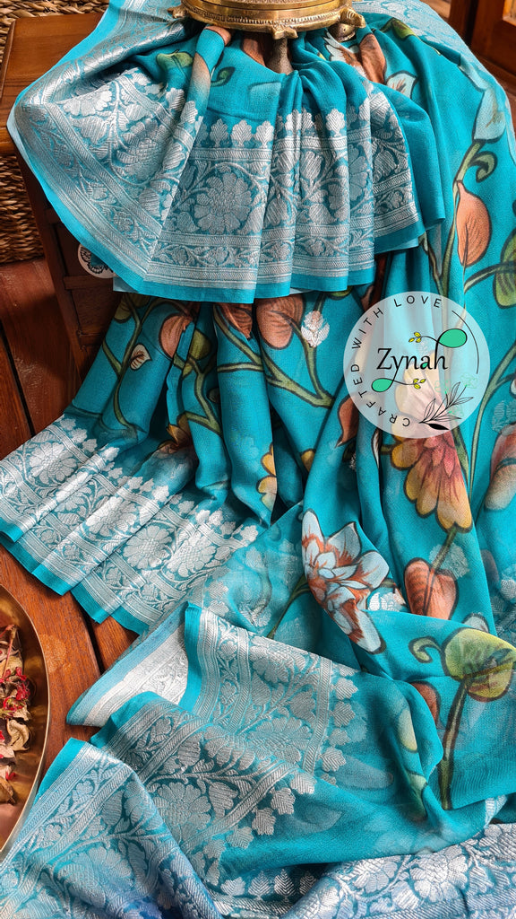 Zynah Pure Khaddi Chiffon Saree with Floral Prints & Silver Zari Weave; Custom Stitched/Ready-made Blouse, Fall, Petticoat; Shipping available USA, Worldwide