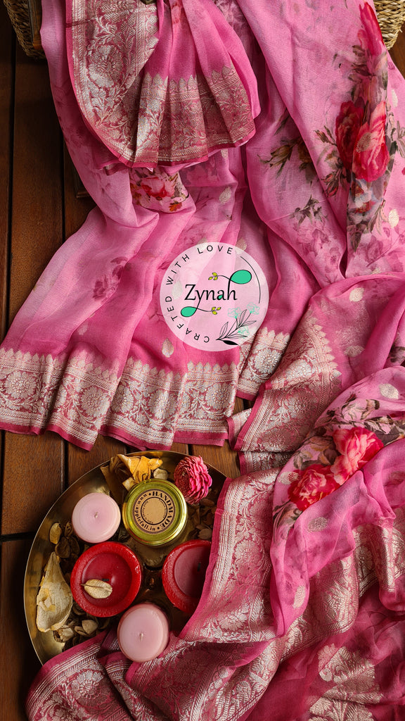 Zynah Pure Khaddi Chiffon Saree with Floral Prints & Silver Zari Weave; Custom Stitched/Ready-made Blouse, Fall, Petticoat; Shipping available USA, Worldwide
