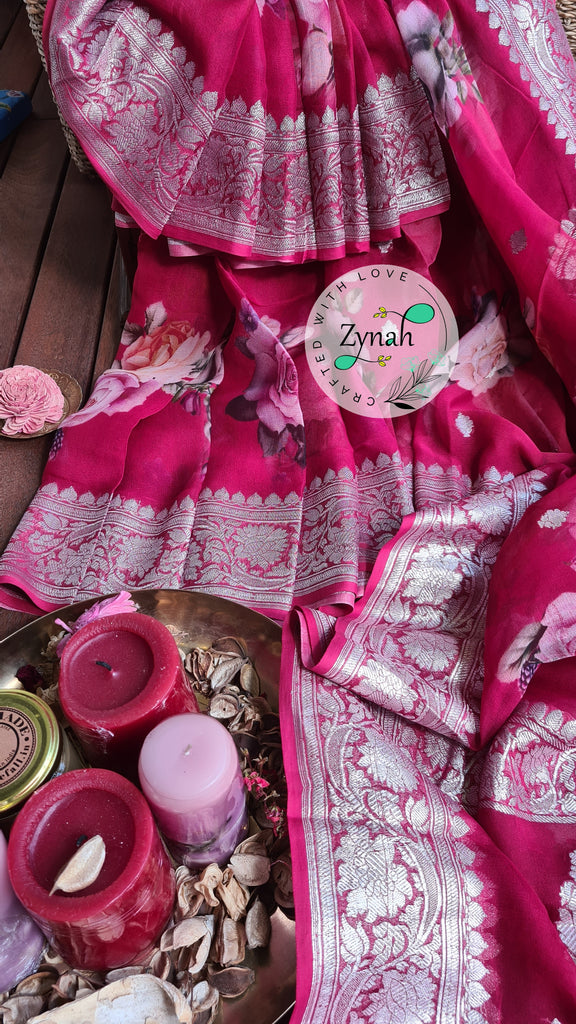 Zynah Pure Khaddi Chiffon Saree with Floral Prints & Silver Zari Weave; Custom Stitched/Ready-made Blouse, Fall, Petticoat; Shipping available USA, Worldwide