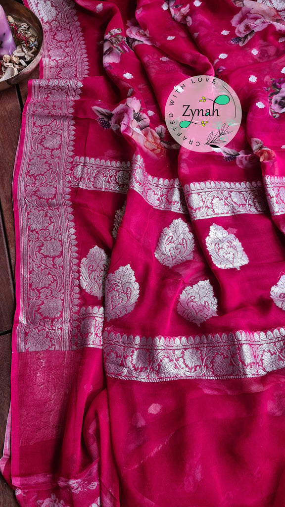 Zynah Pure Khaddi Chiffon Saree with Floral Prints & Silver Zari Weave; Custom Stitched/Ready-made Blouse, Fall, Petticoat; Shipping available USA, Worldwide