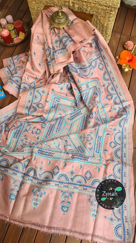 Zynah Pure Tussar Silk Kantha Saree; Custom Stitched/Ready-made Blouse, Fall, Petticoat; Shipping available USA, Worldwide