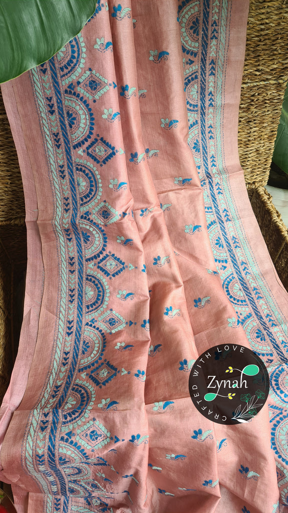 Zynah Pure Tussar Silk Kantha Saree; Custom Stitched/Ready-made Blouse, Fall, Petticoat; Shipping available USA, Worldwide