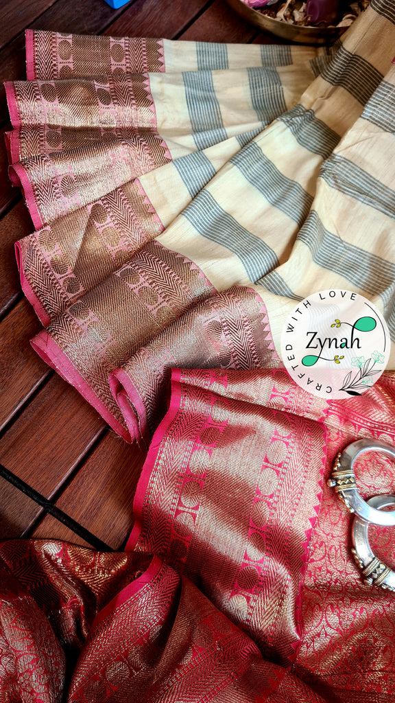Zynah Pure Tussar Banarasi Silk Saree with Antique Zari; Custom Stitched/Ready-made Blouse, Fall, Petticoat; Shipping available USA, Worldwide