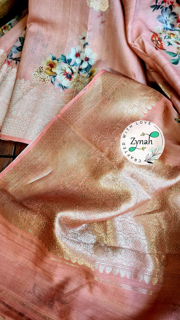 Zynah Pure Tussar Banarasi Silk Saree; Custom Stitched/Ready-made Blouse, Fall, Petticoat; Shipping available USA, Worldwide